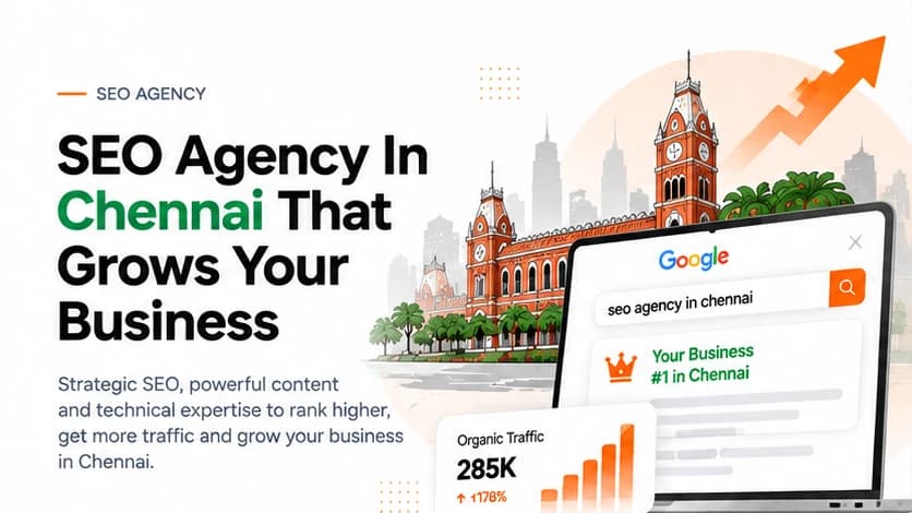 SEO agency in Chennai: a Google search for seo agency in chennai beside Chennai Central, with an organic traffic chart