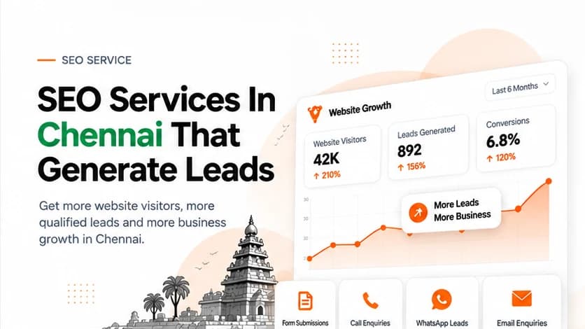 SEO services in Chennai that generate leads: a website growth dashboard tracking form, call, WhatsApp and email enquiries
