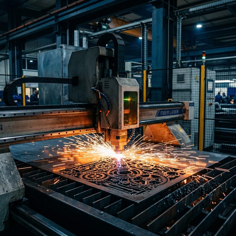CNC fiber laser cutting a decorative pattern into a steel sheet, sparks flying